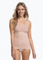 Cappuccino shaping tanktop worn by a model in a front-facing standing position, featuring firm tummy, waist, and back shaping, seamless invisible finish, smooth shoulder straps, and strong recycled fabric with non-compression bust area.