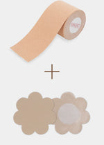 Roll of beige boob tape with two adhesive patches on a white background
