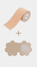 Roll of beige boob tape with two adhesive patches on a white background