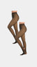 Sheer black tights worn by a model on a white background
