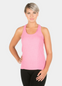 A woman wearing a pink yoga top with a round neckline and a sporty racerback design.