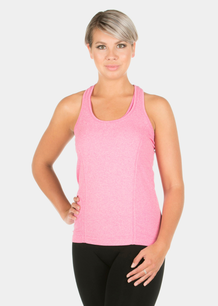 A woman wearing a pink yoga top with a round neckline and a sporty racerback design.
