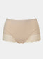 Latte mid-waist shaping brief shown in a front-facing flat position, featuring firm lower tummy and back shaping with built-in powernet, smooth strong breathable fabric, flat invisible lace, and cotton gusset lining.