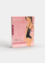 Still product image of MAGIC Ultra Thin Power Thong shown in front packaging box. Rectangular box displaying high-waist shaping thong, with product image, color indication, and branding visible on the front panel.