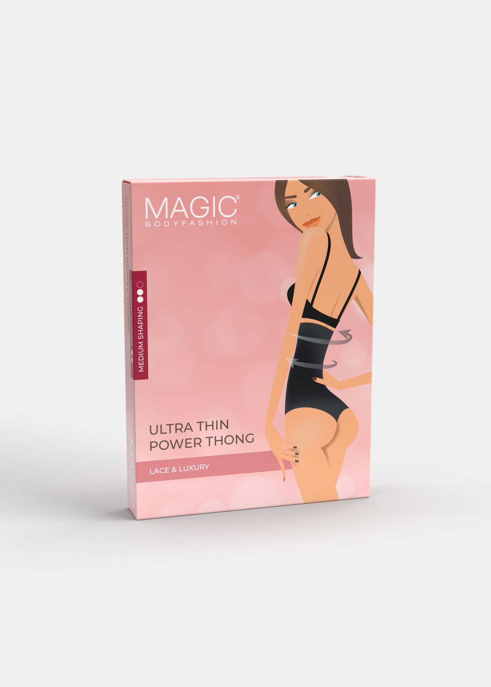Still product image of MAGIC Ultra Thin Power Thong shown in front packaging box. Rectangular box displaying high-waist shaping thong, with product image, color indication, and branding visible on the front panel.