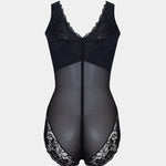 Black lace lingerie bodysuit on a light gray background