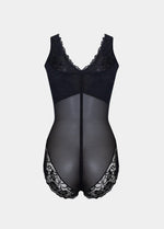 Black lace lingerie bodysuit on a light gray background