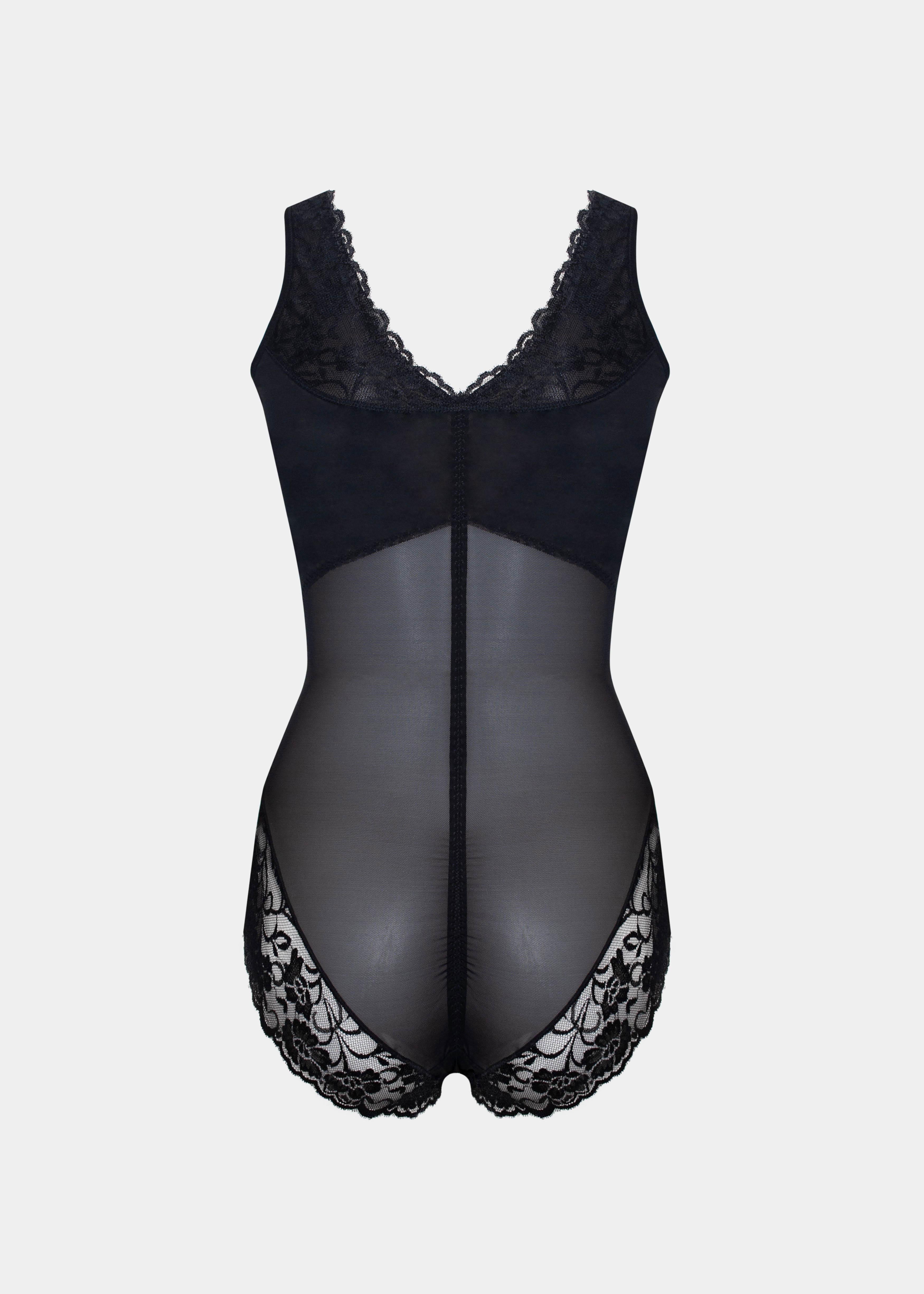 Black lace lingerie bodysuit on a light gray background