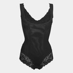 Black satin lingerie set with lace details on a white background