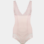 Pink bodysuit with lace details on a white background