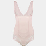 Pink bodysuit with lace details on a white background