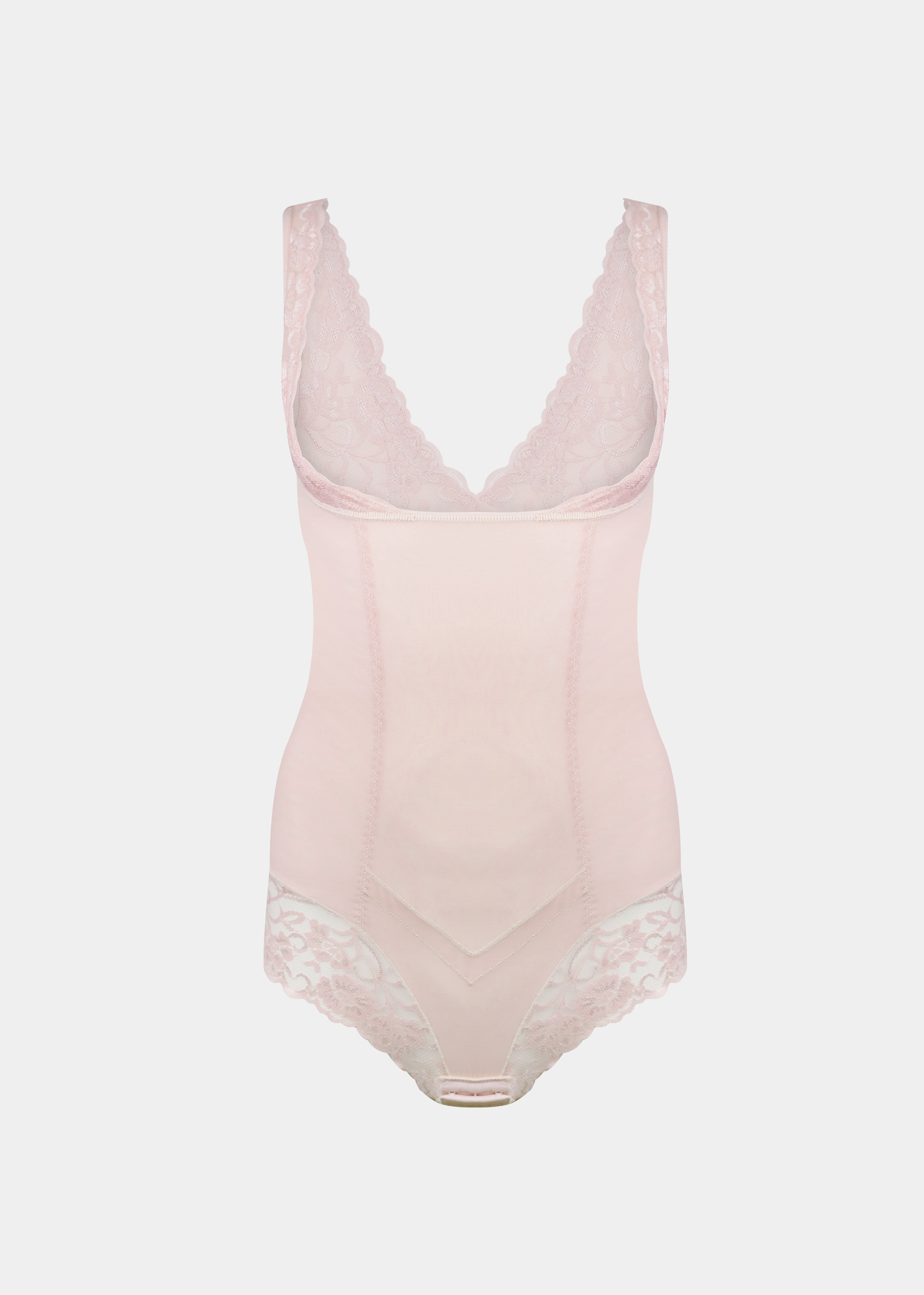 Pink bodysuit with lace details on a white background