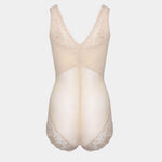 Beige bodysuit with lace detailing on a white background