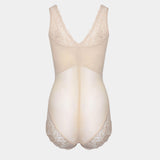Beige bodysuit with lace detailing on a white background