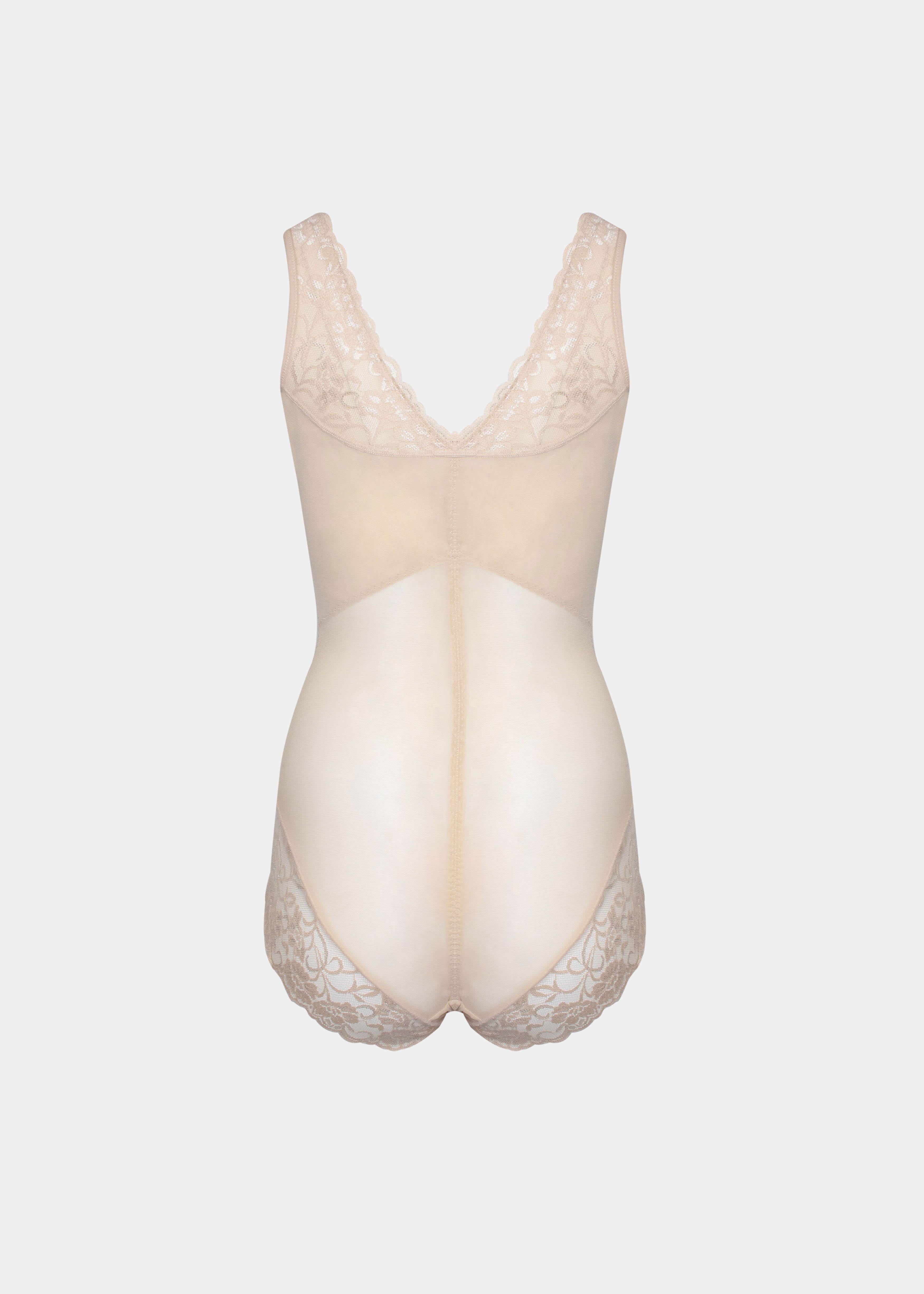 Beige bodysuit with lace detailing on a white background