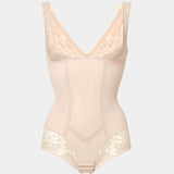 Beige bodysuit with lace details on a light gray background