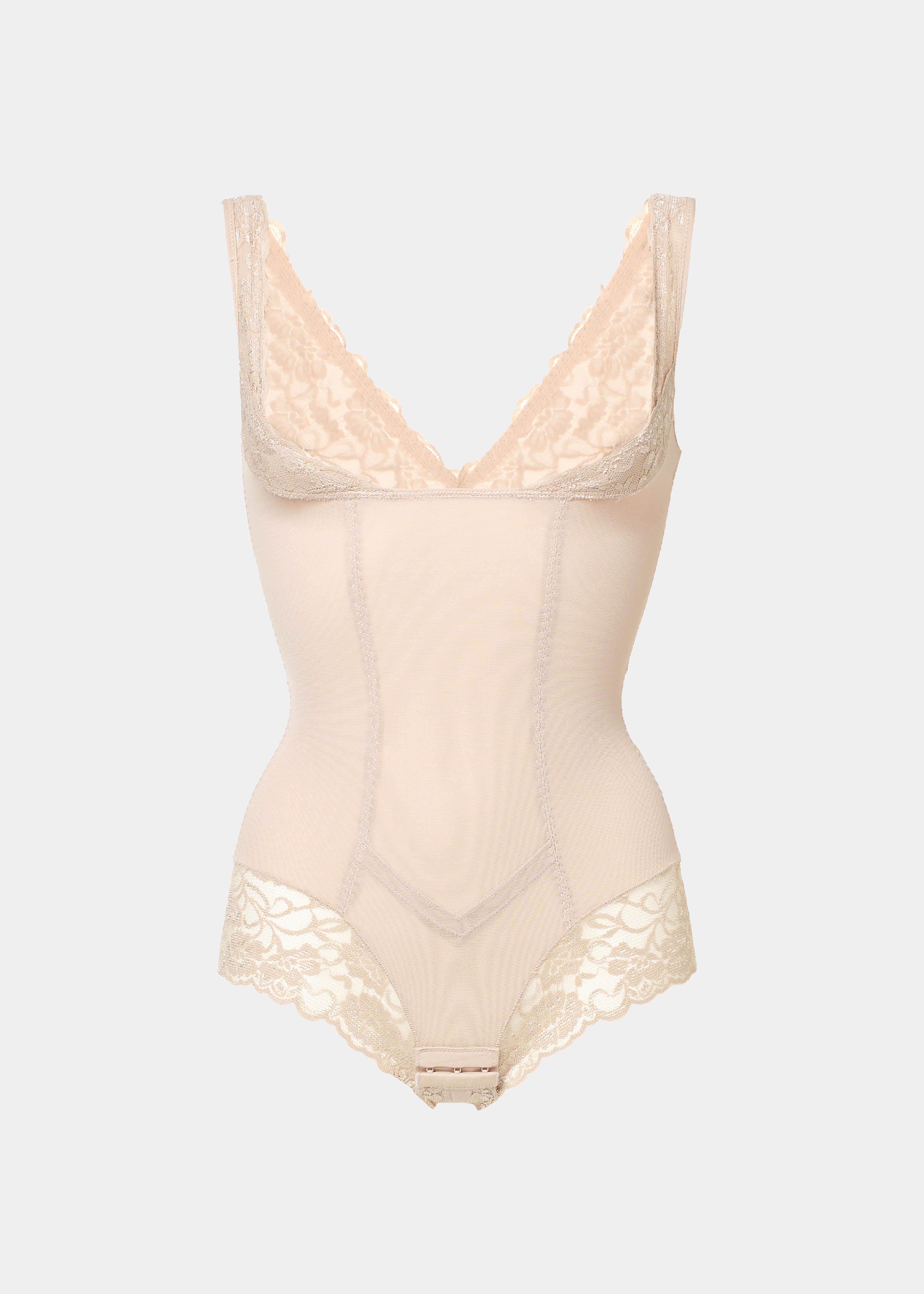 Beige bodysuit with lace details on a light gray background