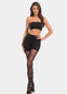 Front view of a model wearing Luxury Legs Lace tights, 20 denier patterned shaping tights. Built-in firm shaping shorts provide control for tummy, hips, and upper legs, with subtle lift at the bottom and reinforced toes visible.
