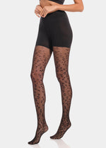 Side view cropped image of a model wearing Luxury Legs tights in leopard print, 20 denier patterned shaping tights. Built-in firm shaping shorts provide control for tummy, hips, and upper legs, with subtle lift at the bottom and reinforced toes visible.