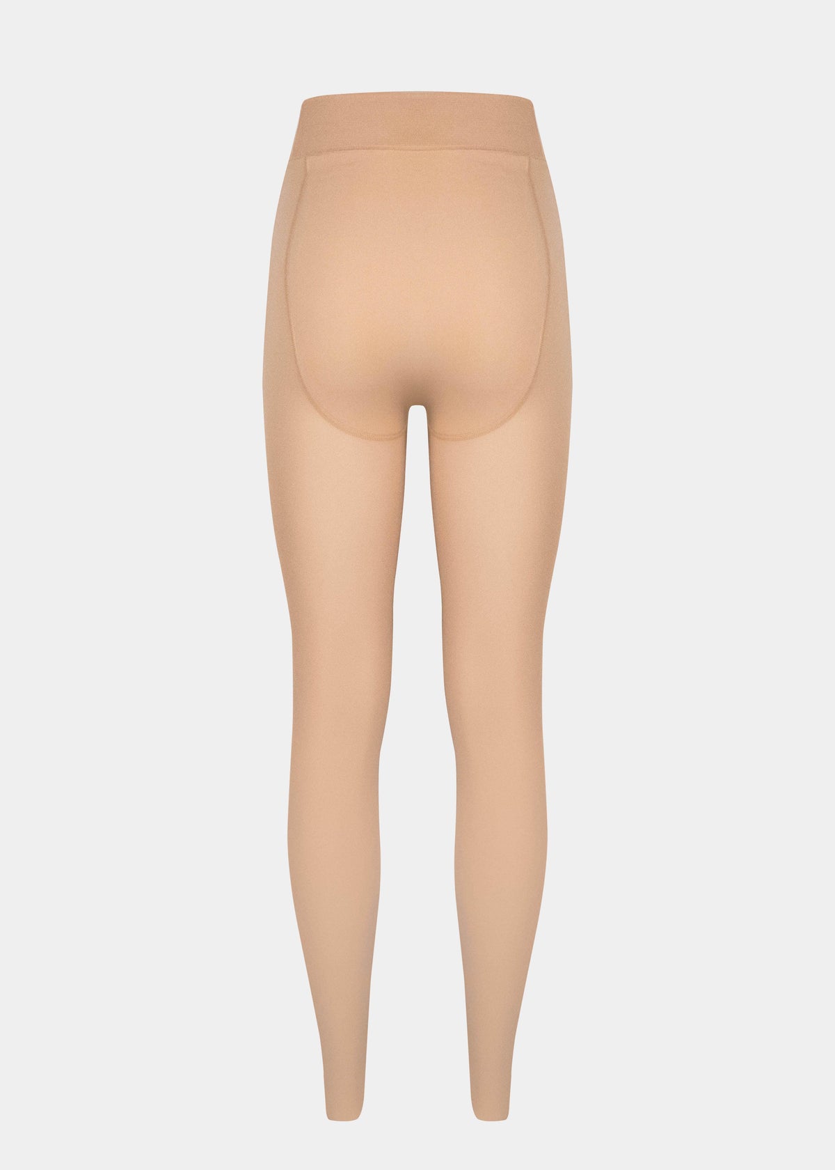 Still product image of MAGIC Tights in latte shown from the back. High-waist warm fleece-lined tights with smooth fabric providing medium shaping for lower back and waist, ladder-resistant finish, and sheer-look legs with unfleece foot section visible.