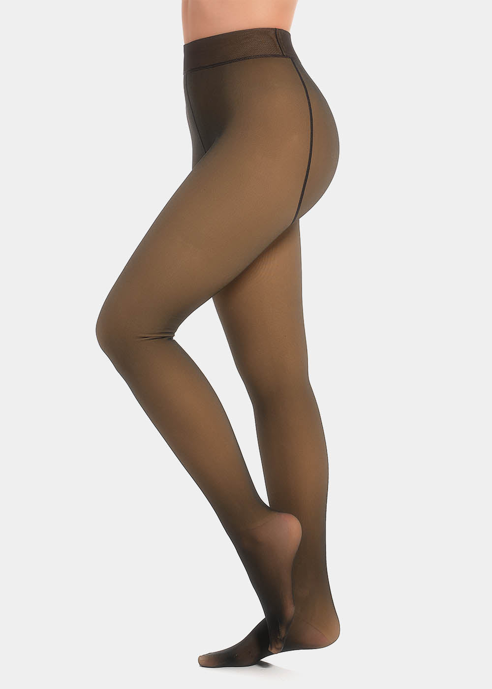 Black magic tights worn by a model on a light grey background