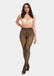 A model wearing high-waisted, fleece-lined brown tights with a sheer appearance. She is also wearing a white bra.