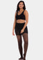 Front view of a model wearing Sexy Legs tights in black, 30 denier shaping tights. Built-in firm shaping shorts providing control for tummy, hips, and upper legs, with subtle lift at the bottom and smooth finish along the legs.