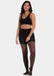 Front view of a model wearing Sexy Legs tights in black, 30 denier shaping tights. Built-in firm shaping shorts providing control for tummy, hips, and upper legs, with subtle lift at the bottom and smooth finish along the legs.