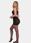 Side view of a model wearing Spectacular Legs in black, 20 denier shaping tights. Built-in firm shaping shorts providing control for tummy, hips, and upper legs, with subtle lift at the bottom and smooth sheer finish along the legs.