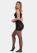 Side view of a model wearing Spectacular Legs in black, 20 denier shaping tights. Built-in firm shaping shorts providing control for tummy, hips, and upper legs, with subtle lift at the bottom and smooth sheer finish along the legs.
