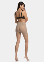 Back view of a model wearing Spectacular Legs in sunkissed, 20 denier shaping tights. Built-in firm shaping shorts providing control for lower back, hips, and upper legs, with subtle lift at the bottom and smooth sheer finish along the legs.