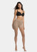 Front view of a model wearing Spectacular Legs in sunkissed, 20 denier shaping tights. Built-in firm shaping shorts providing control for tummy, hips, and upper legs, with subtle lift at the bottom and smooth sheer finish on the legs.