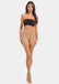 Front view of a model wearing Summer Tights in sunkissed, 20 denier shaping tights with open toe styling. Built-in firm shaping short providing control for tummy, hips, and upper legs, with subtle lift at the bottom and slimming leg effect visible.