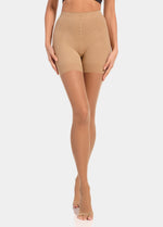 Front view close-up of a model wearing Summer Tights in sunkissed, 20 denier shaping tights with open toe styling. Built-in firm shaping short visible, showing control for tummy, hips, and upper legs, with subtle lift at the bottom.