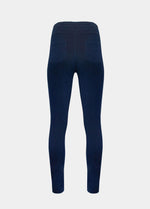 Still product image of Jegging in blue jeans shown from the back. High-waist skinny-fit leggings with built-in shaping briefs, soft stretchy fabric providing medium control for lower back and hips, lifted bottom zone, and functional back pockets visible.
