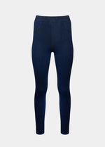 Still product image of Jegging in blue jeans, high-waist skinny-fit leggings with built-in shaping briefs. Soft stretchy fabric providing medium shaping for tummy, hips, and back, with cotton gusset, lifted bottom zone, and faux front pockets visible.