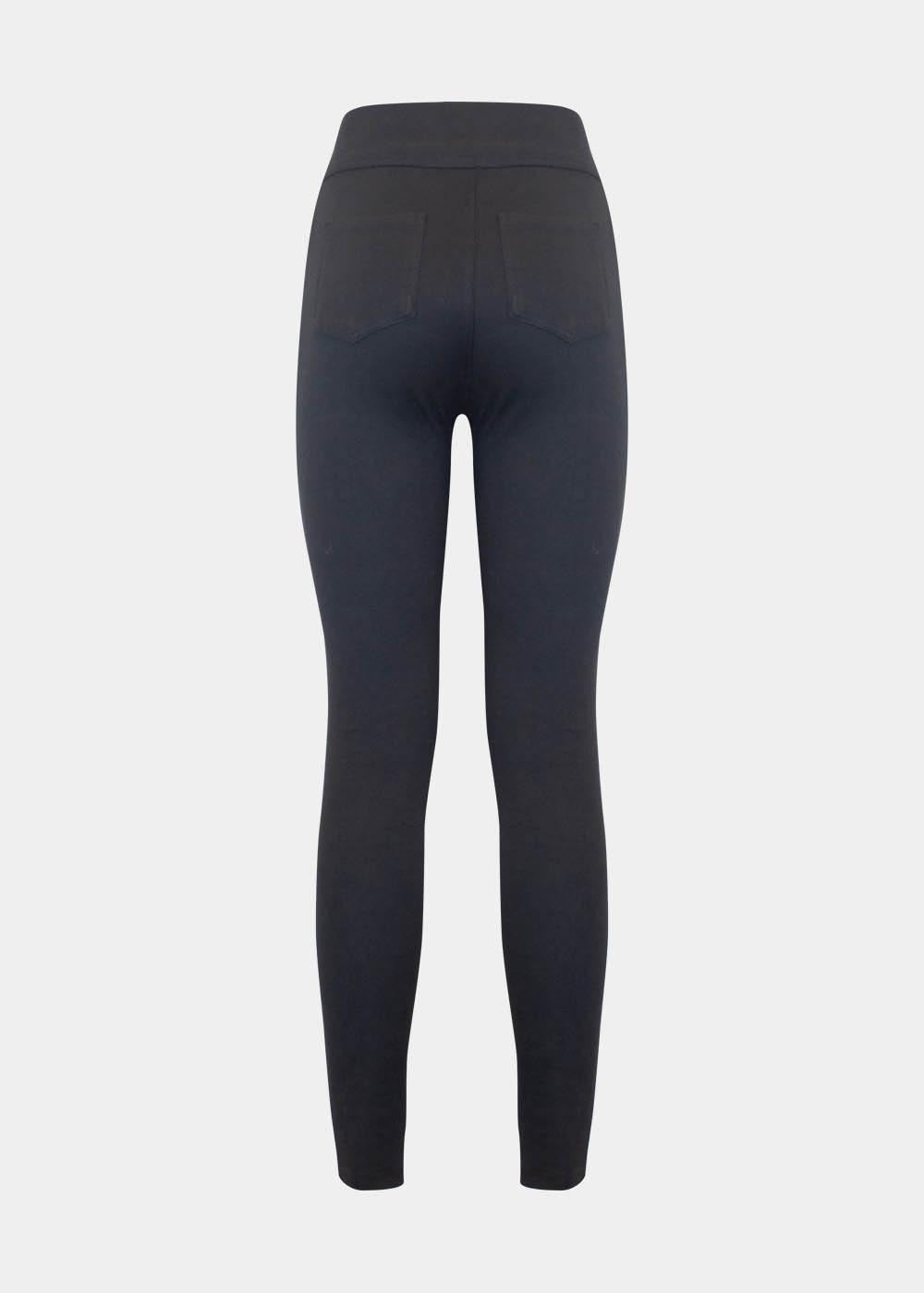 Still product image of Jegging in black shown from the back. High-waist skinny-fit leggings with built-in shaping briefs, soft stretchy fabric providing medium control for lower back and hips, lifted bottom zone, and functional back pockets visible.