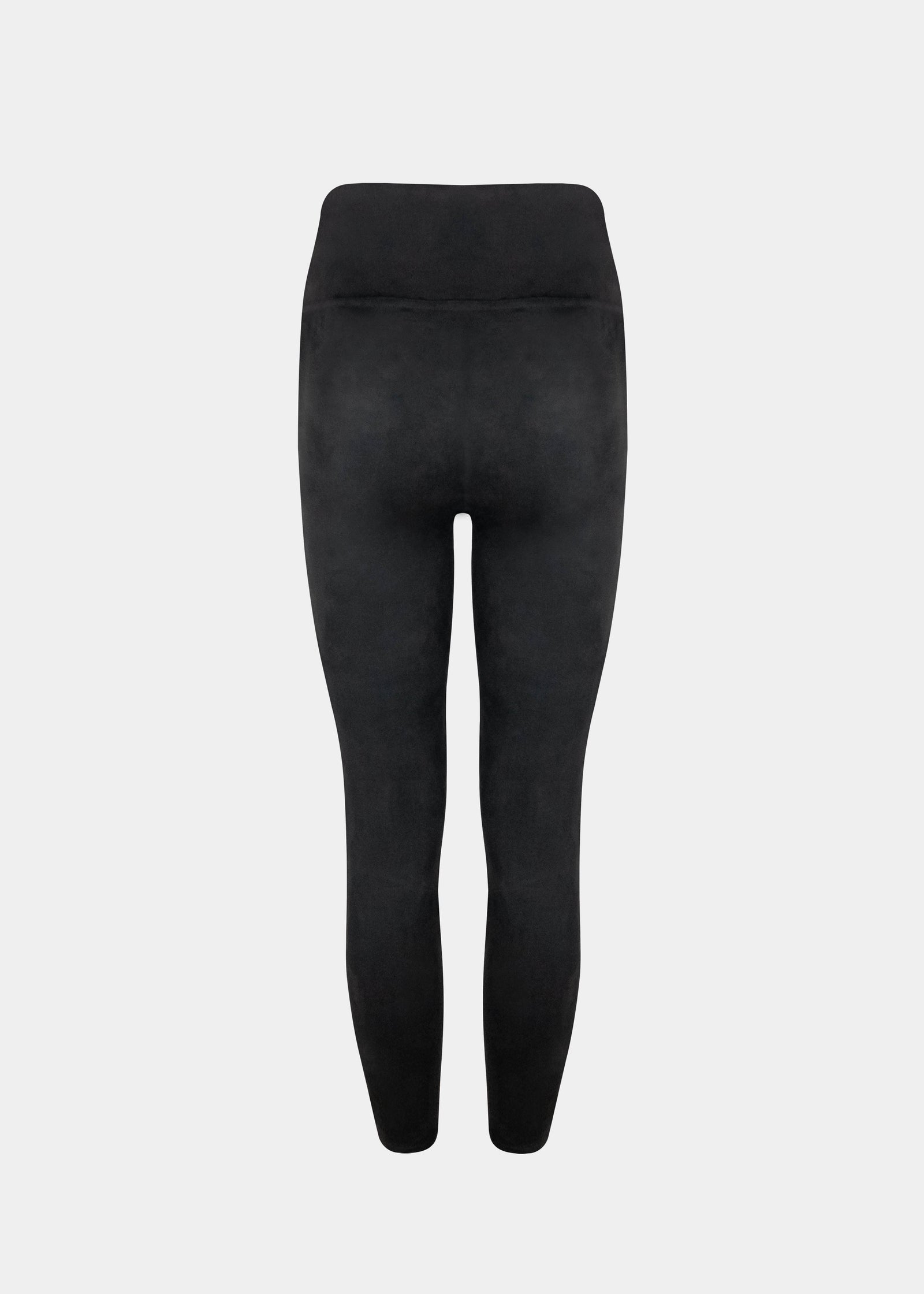 Still product image of Suedine Look Legging in black, high-rise leggings with built-in shaping briefs. Soft luxurious faux suede stretch fabric with medium shaping for tummy, hips, and back, showing seamless edges and smooth finish for invisible wear.