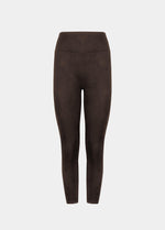 Still product image of Suedine Look Legging in chocolate, high-rise leggings with built-in shaping briefs. Soft luxurious faux suede stretch fabric providing medium shaping for tummy, hips, and back, with seamless edges and smooth finish visible.