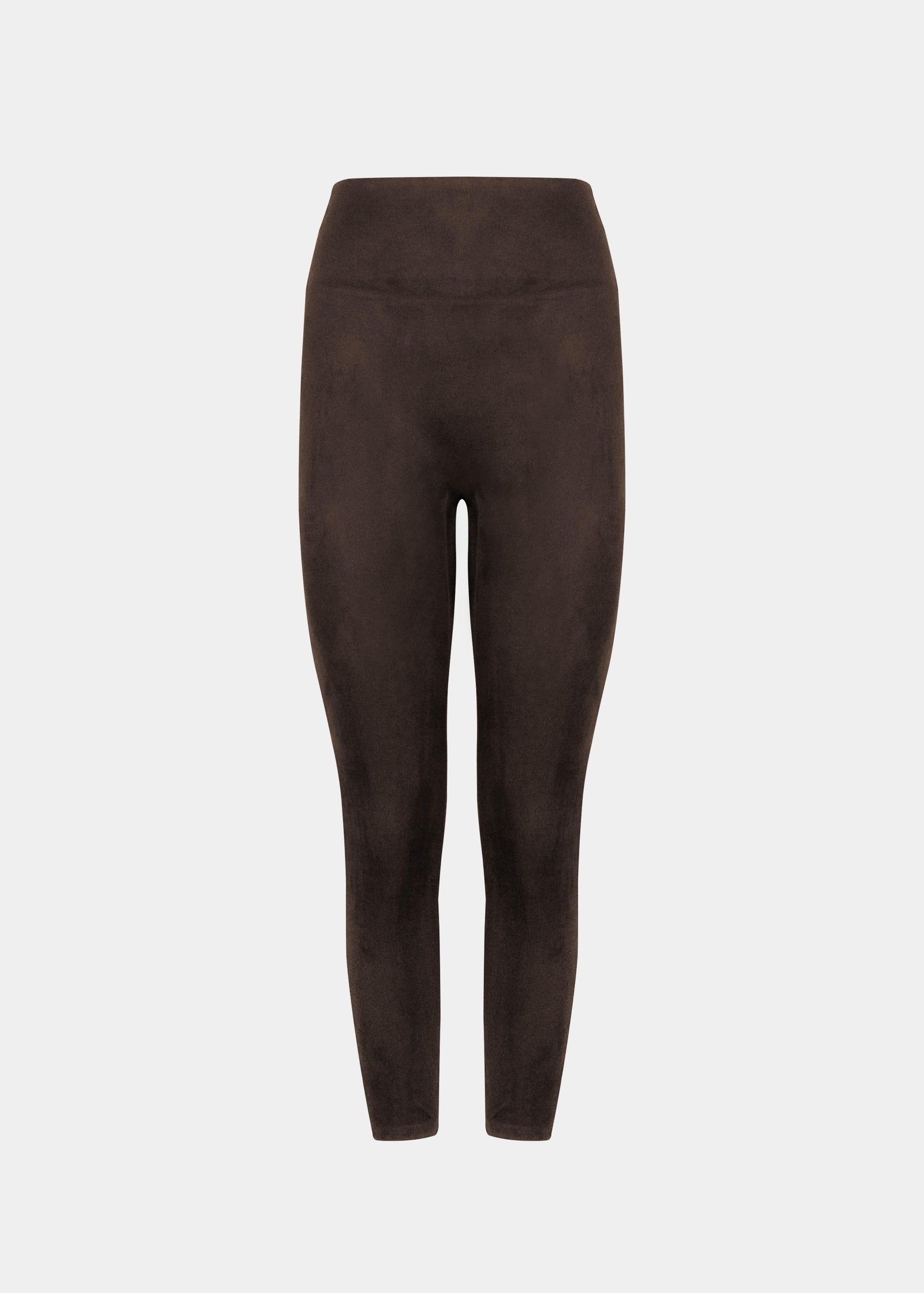 Still product image of Suedine Look Legging in chocolate, high-rise leggings with built-in shaping briefs. Soft luxurious faux suede stretch fabric providing medium shaping for tummy, hips, and back, with seamless edges and smooth finish visible.