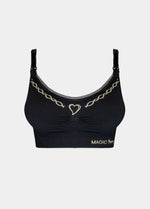 Still product image of Fancy Mama Nursing Bra in black, seamless wire-free nursing bra. Clip-down cups, adjustable straps, hook-and-eye back closure, and decorative print with lace trim along cup edges visible.