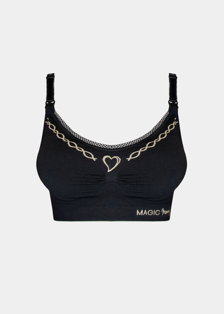Still product image of Fancy Mama Nursing Bra in black, seamless wire-free nursing bra. Clip-down cups, adjustable straps, hook-and-eye back closure, and decorative print with lace trim along cup edges visible.