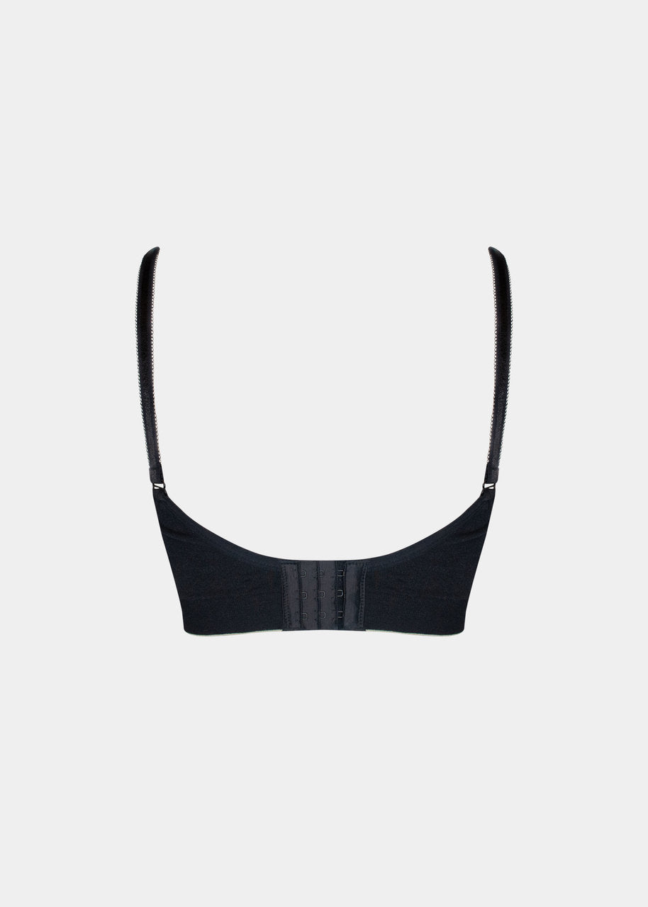 Still product image of Fancy Mama Nursing Bra in black shown from the back. Seamless wire-free nursing bra with adjustable straps, hook-and-eye closure, and smooth fabric back panel.