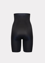 Still product image of Maxi Sexy Hi-Bermuda in black shown from the back. High-waist mid-thigh shaping shorts with smooth powerful fabric, firm control for lower back, hips, and thighs, seamless edges, and silicone-trimmed waistband visible.