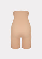 Still product image of Maxi Sexy Hi-Bermuda in mocha shown from the back. High-waist mid-thigh shaping shorts with smooth powerful fabric, firm control for lower back, hips, and thighs, seamless edges, and silicone-trimmed waistband visible.