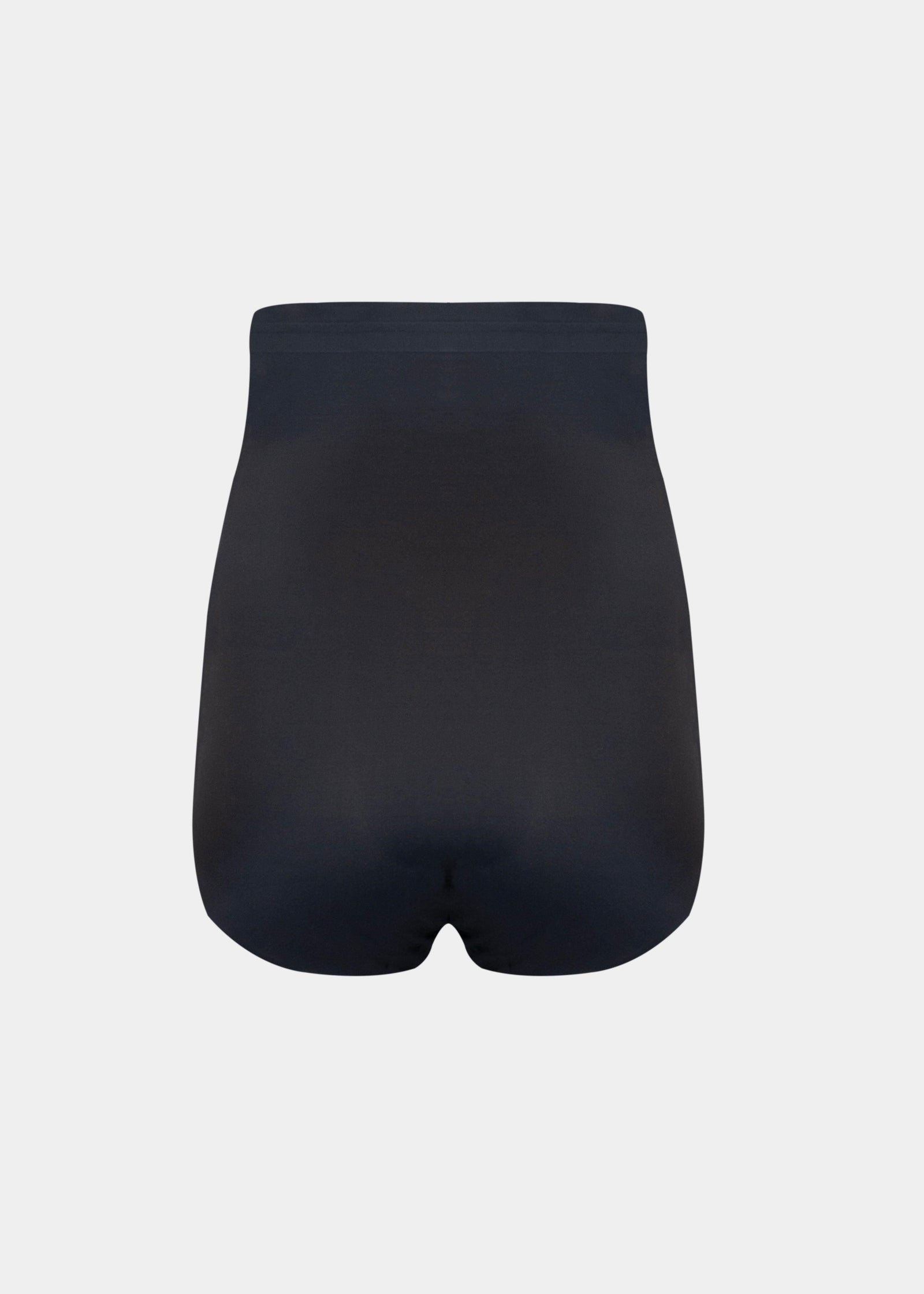 Still product image of Maxi Sexy Hi-Brief in black shown from the back. High-waist shaping brief with smooth powerful fabric, firm control for lower back and waist, seamless edges, and silicone-trimmed waistband visible.