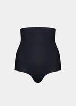 Front view of a model wearing Maxi Sexy Hi-Brief in black, high-waist shaping brief. Smooth powerful fabric providing firm control for tummy, waist, and back, with seamless edges and silicone-trimmed waistband visible.