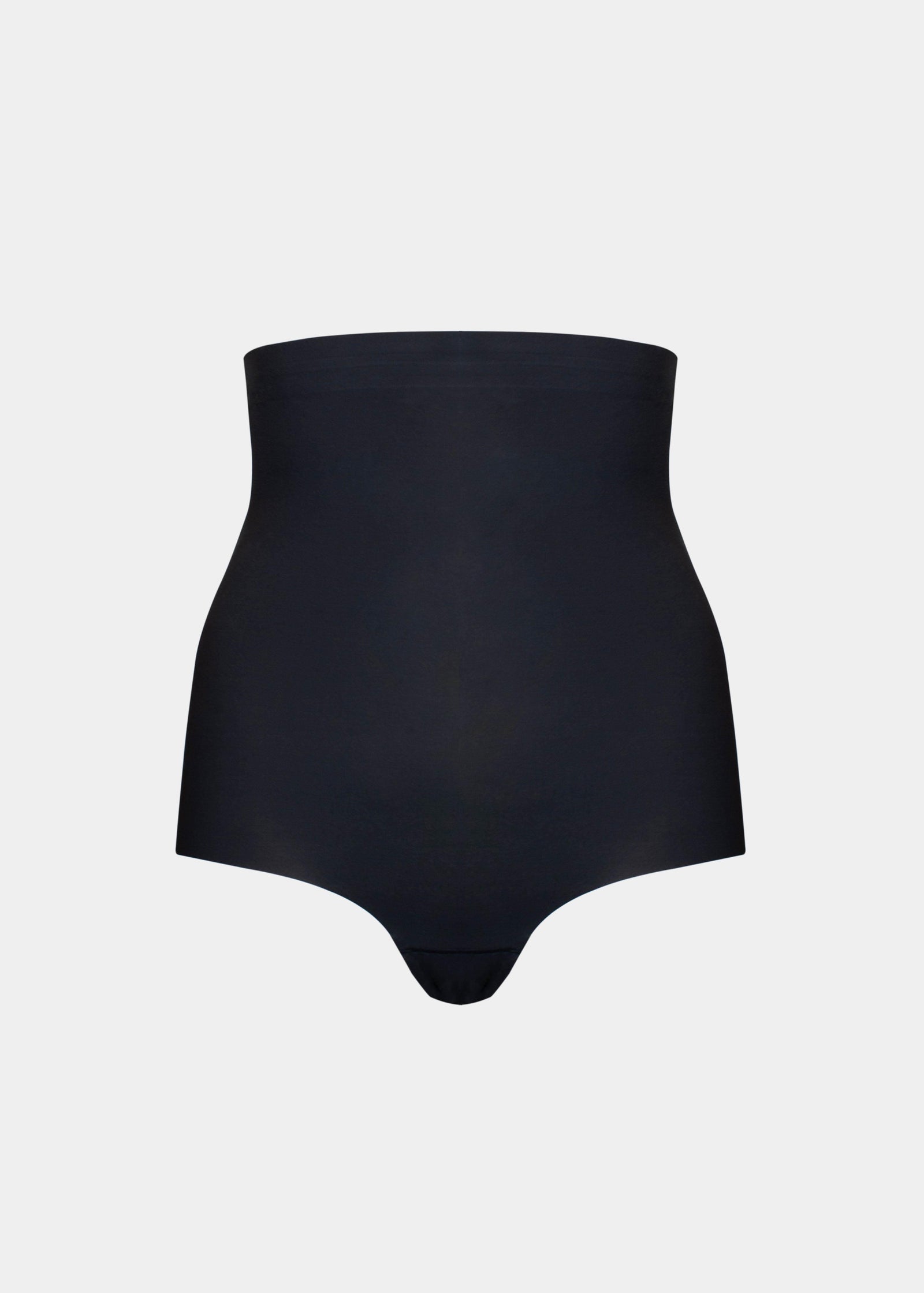 Front view of a model wearing Maxi Sexy Hi-Brief in black, high-waist shaping brief. Smooth powerful fabric providing firm control for tummy, waist, and back, with seamless edges and silicone-trimmed waistband visible.