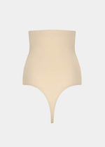 Still product image of Maxi Sexy Hi-Thong in latte shown from the back. High-waist shaping thong with smooth powerful fabric, firm control for lower back and waist, seamless edges, and silicone-trimmed waistband visible.