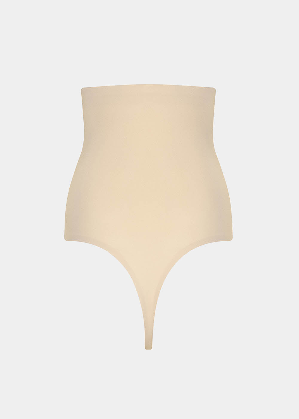 Still product image of Maxi Sexy Hi-Thong in latte shown from the back. High-waist shaping thong with smooth powerful fabric, firm control for lower back and waist, seamless edges, and silicone-trimmed waistband visible.